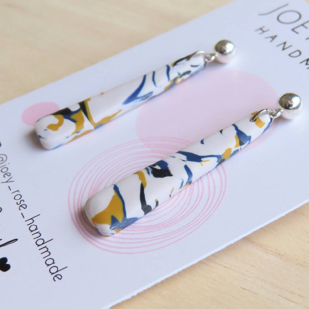 MELINDA ~ Cream, Mustard and Navy Marbled ~ Polymer Clay Earrings