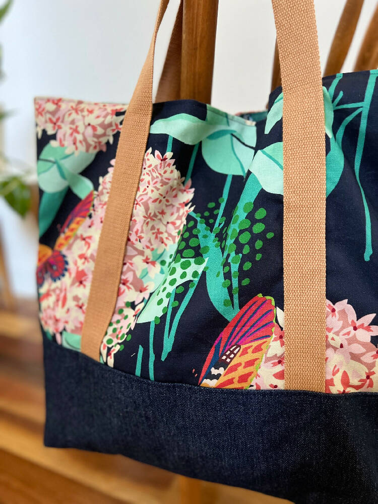 Tote Bag for Shopping/Market/Beach – Dreamer Hydrangea in Dark Blue + Denim