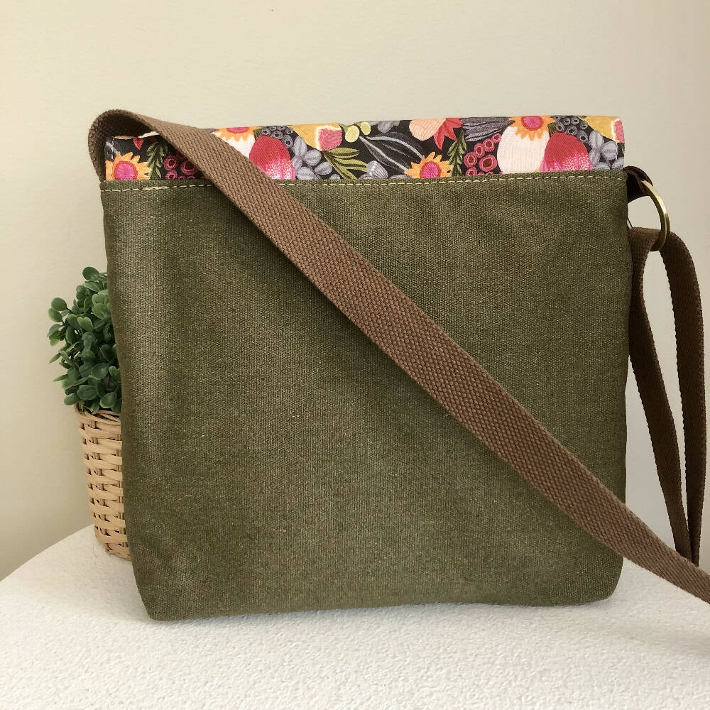 Green Canvas and Genuine Leather Crossbody Bag with King White Flower