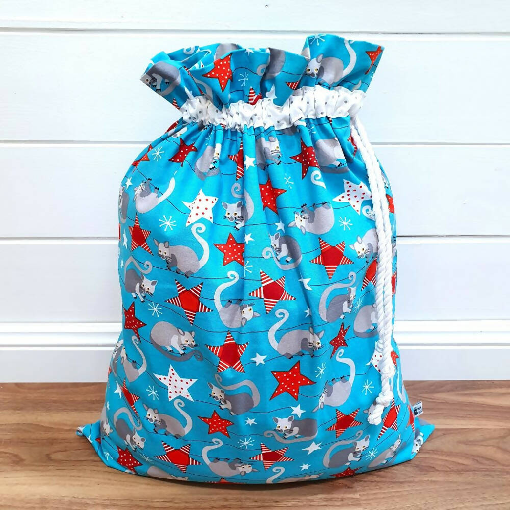 Christmas Santa Sack - Ringtail Possums & Stars - Navy, Aqua (2 options)