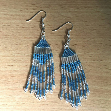 Blue Silver Beaded Fringe Earrings