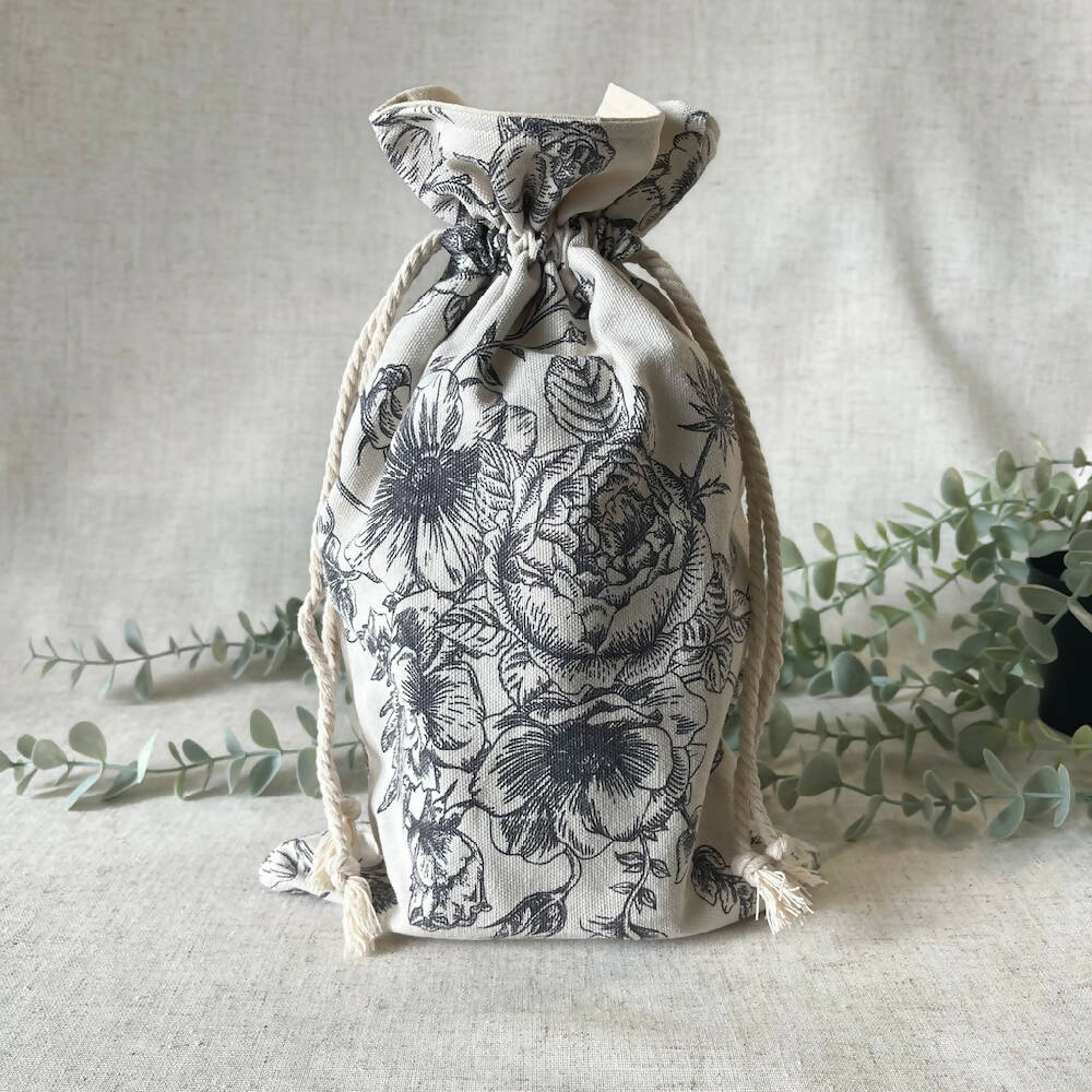 Reusable Fabric Gift Bag - Black Floral