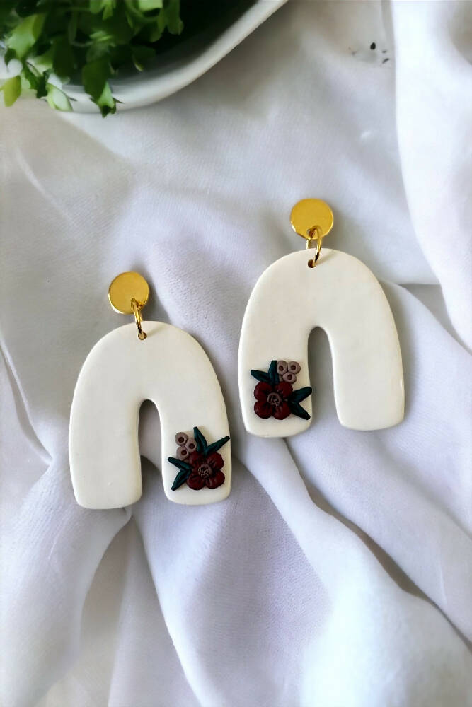 White Arch Floral Details - Polymer Clay Earrings