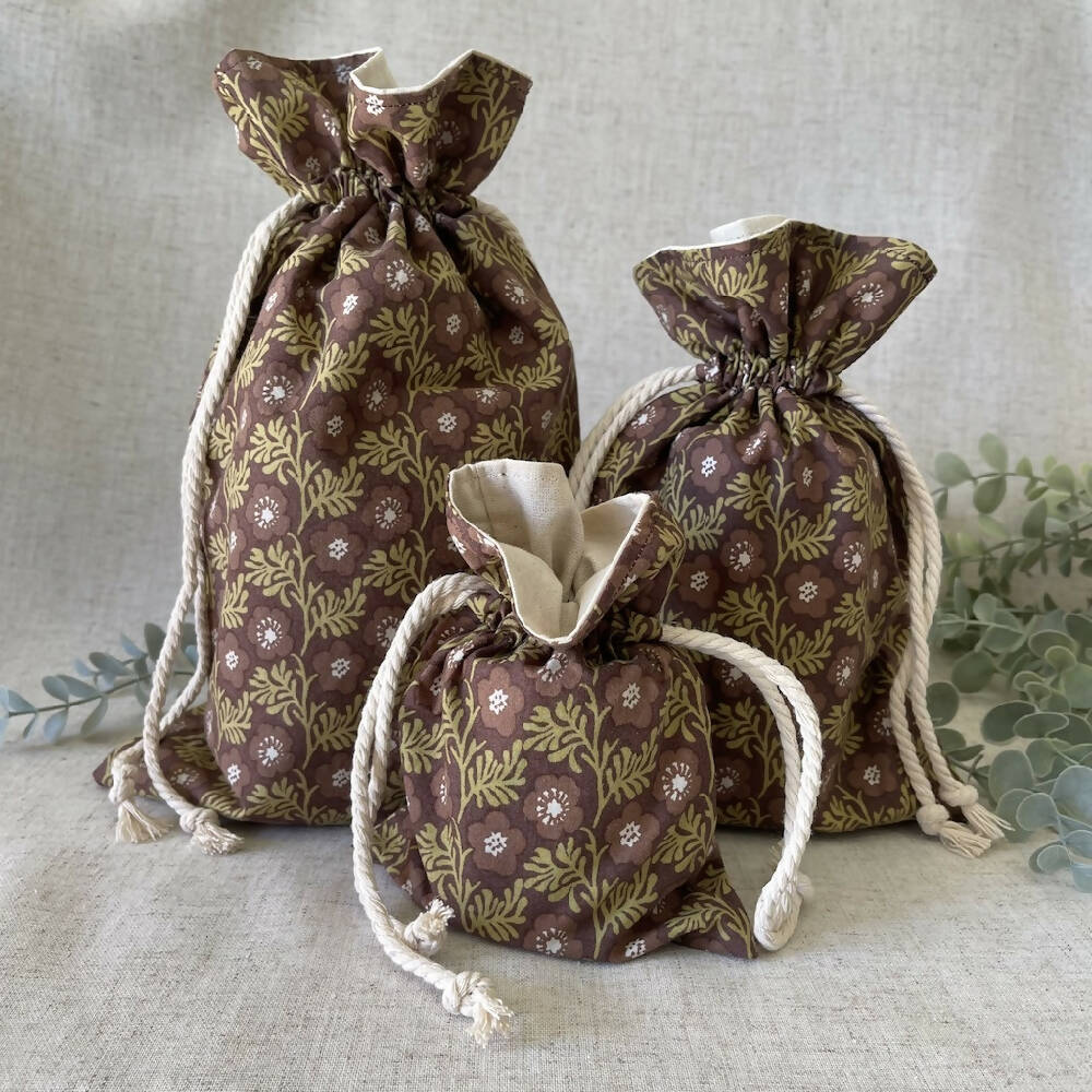 Reusable Fabric Gift Bag - Brown Floral