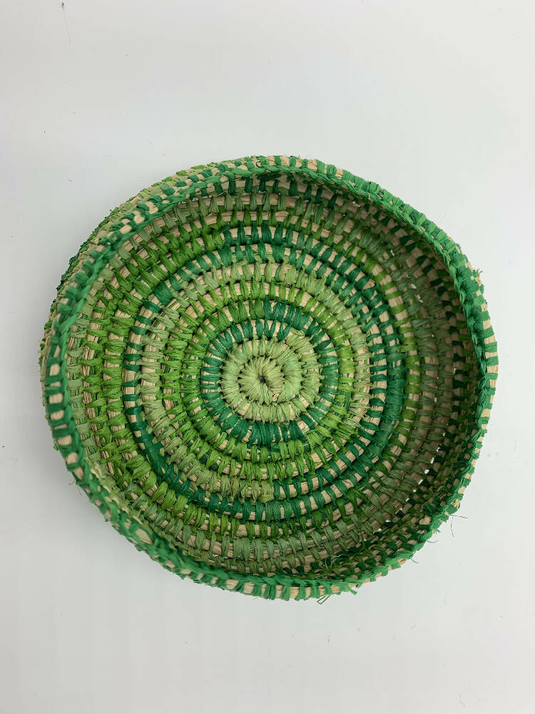 Raffia basket in natural and green shades