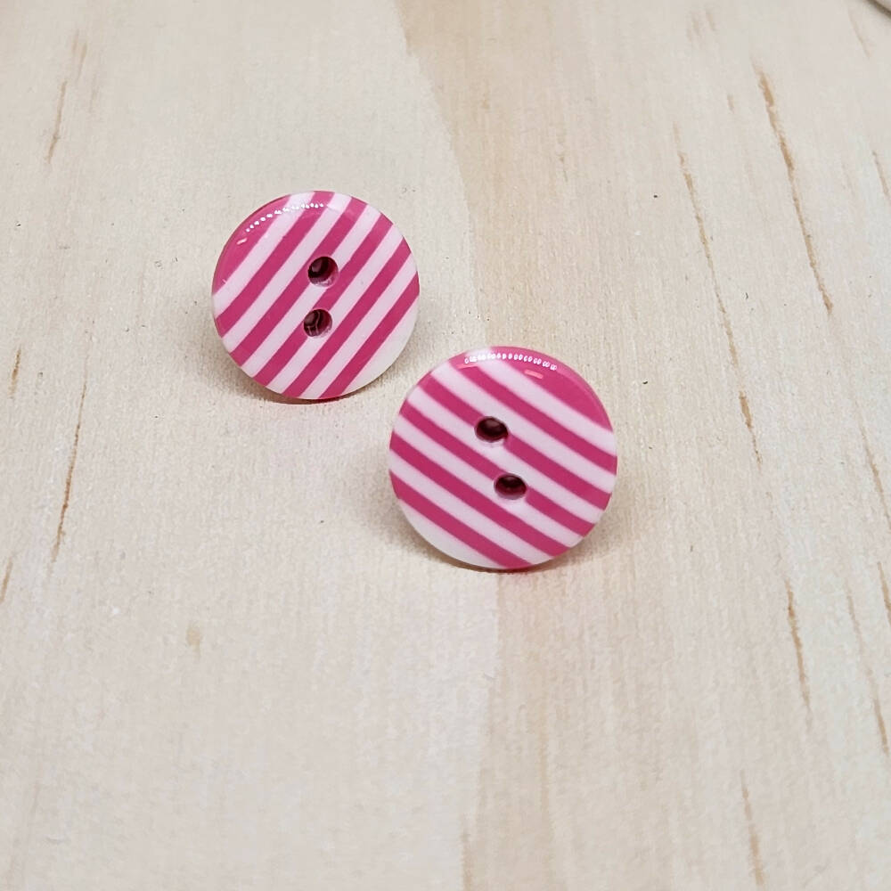 Button STUD Earrings - STRIPES Red Black Pink - Round - 12mm