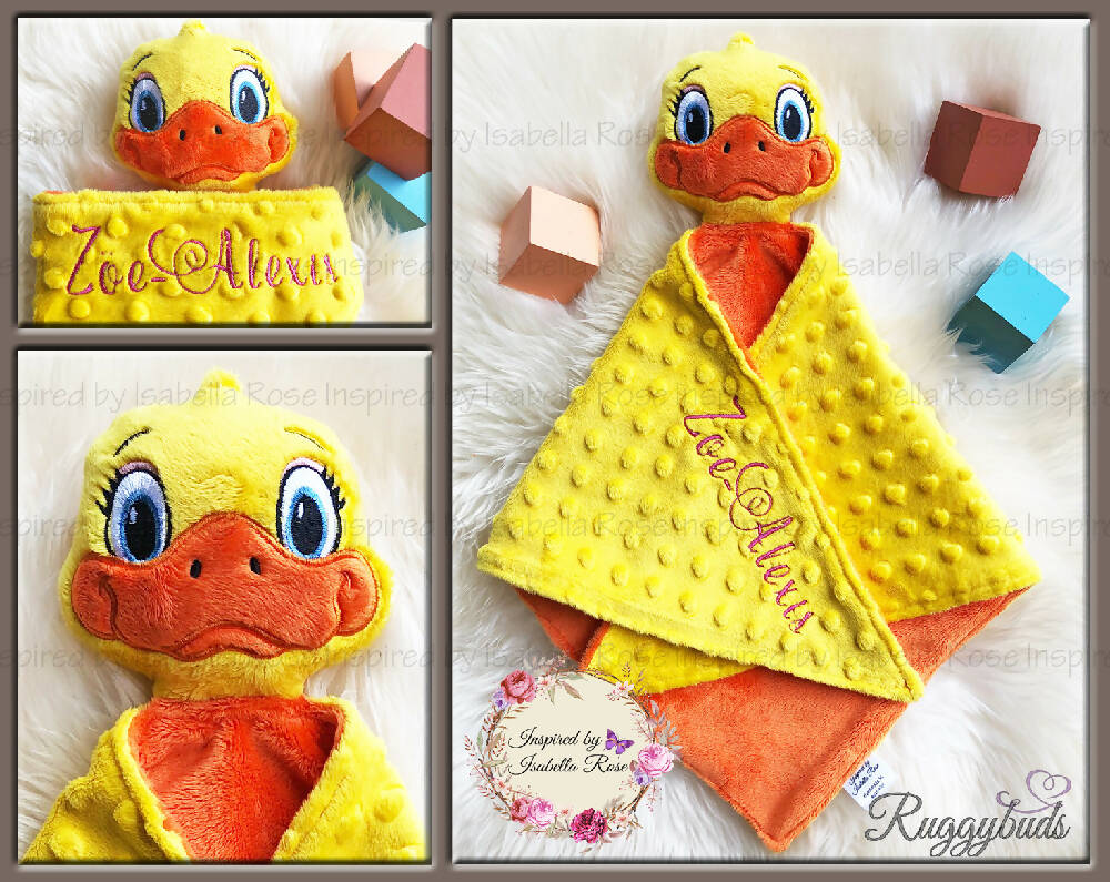 Baby comforter, Embroidered name, Duck themed Ruggybud, Made to order