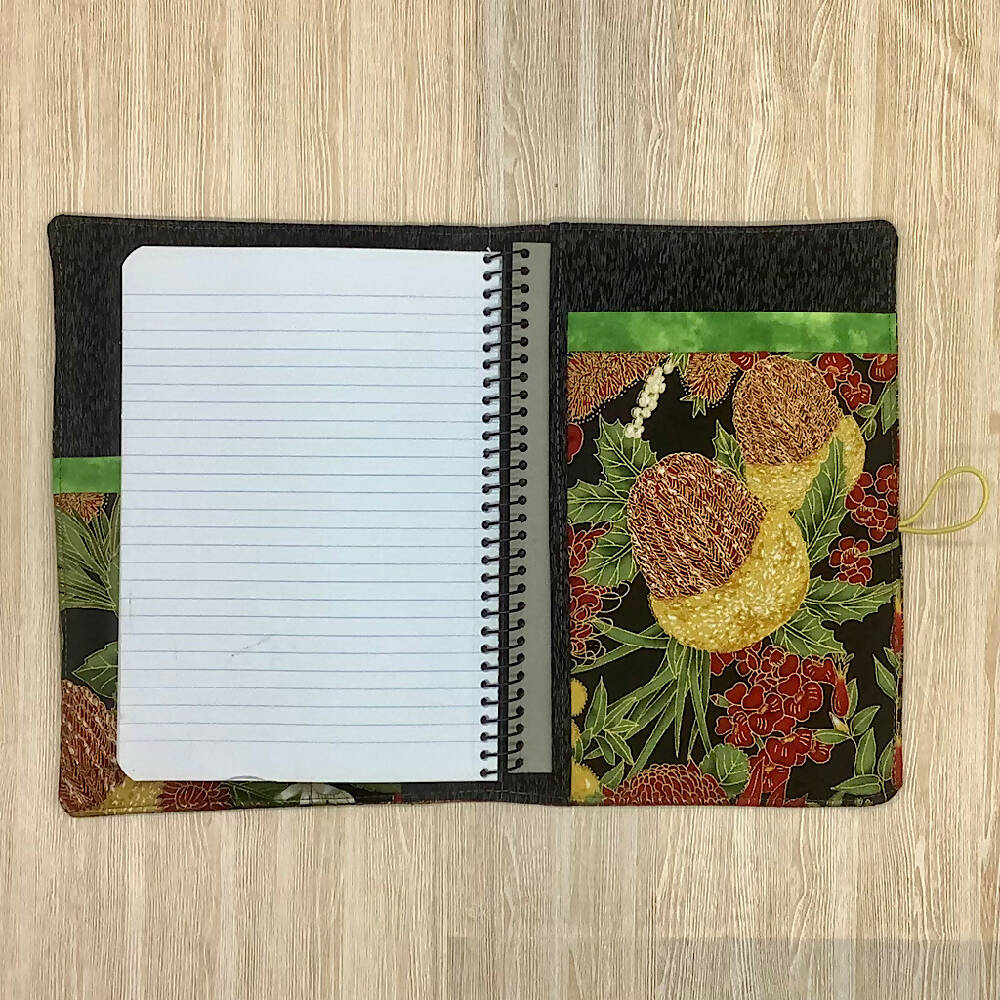Australian Waratah floral refillable A5 fabric notebook cover gift set - Incl. book and pen.