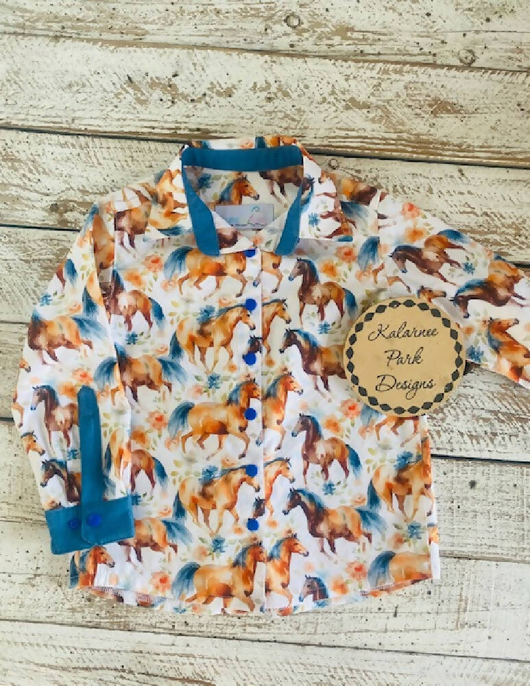 ''Floral Horses'' Girls Long Sleeve Shirt Size 5
