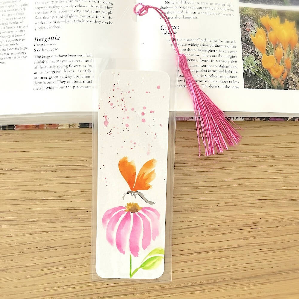 200x60mm Hand-Painted Watercolour Bookmark - Butterfly on Pink Flower