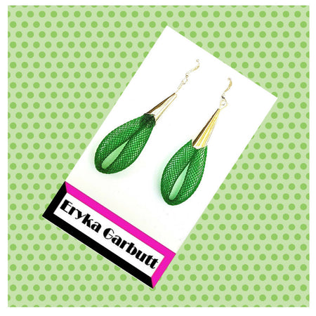 Green nylon mesh Dangle earrings, loop style silver hooks