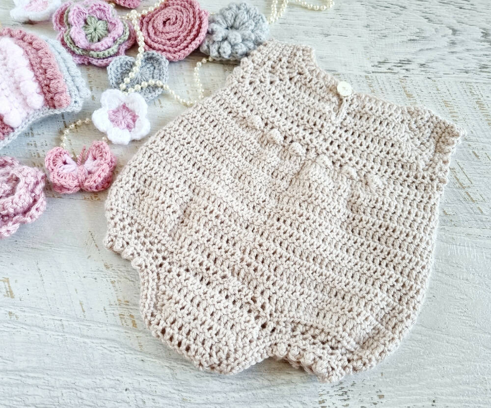 Baby Romper Newborn Pale Beige Hand Crocheted