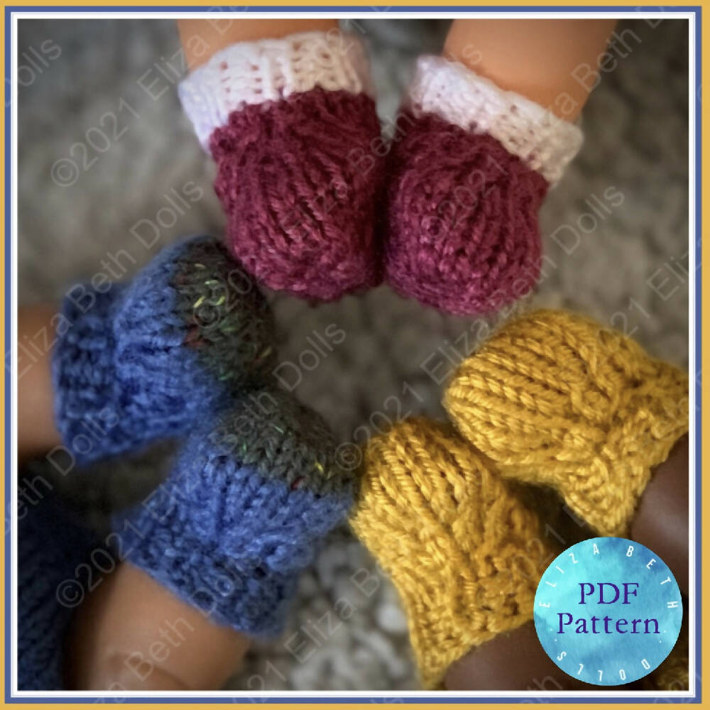 Miniland 21cm shoes, PDF digital pattern, Boy, Girl, Unisex, Boots, Easy quick knit, Straight needles, Flat knit, Baby doll clothes, Cute outfit, Doll accessories, Minikane, 8inch, Clear instructions, Photos, 8ply DK yarn, Beginner friendly, Basic knitting, Simple pattern, Eliza Beth Dolls, ElizaBethDolls, Australia