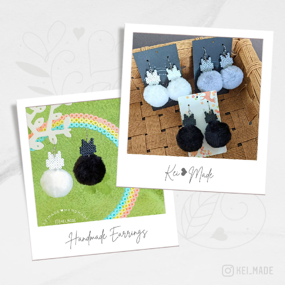 Fluffy Chubby Pom Cat Pompom Earrings (Black/Grey/White)