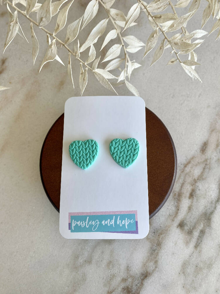 Polymer Clay Knit Pattern Statement Heart Studs - Choose Colour