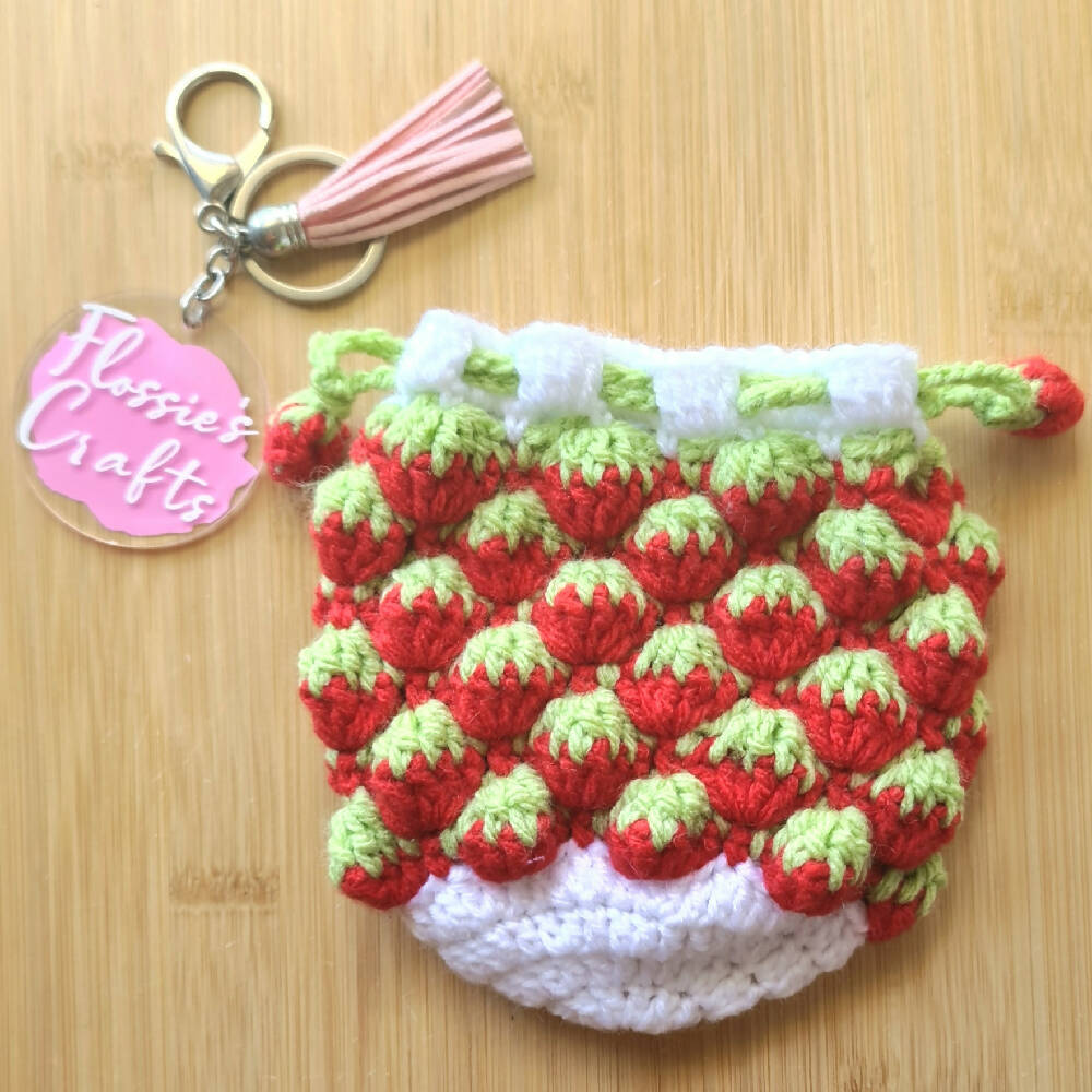 Crocheted Strawberry Drawstring Bag