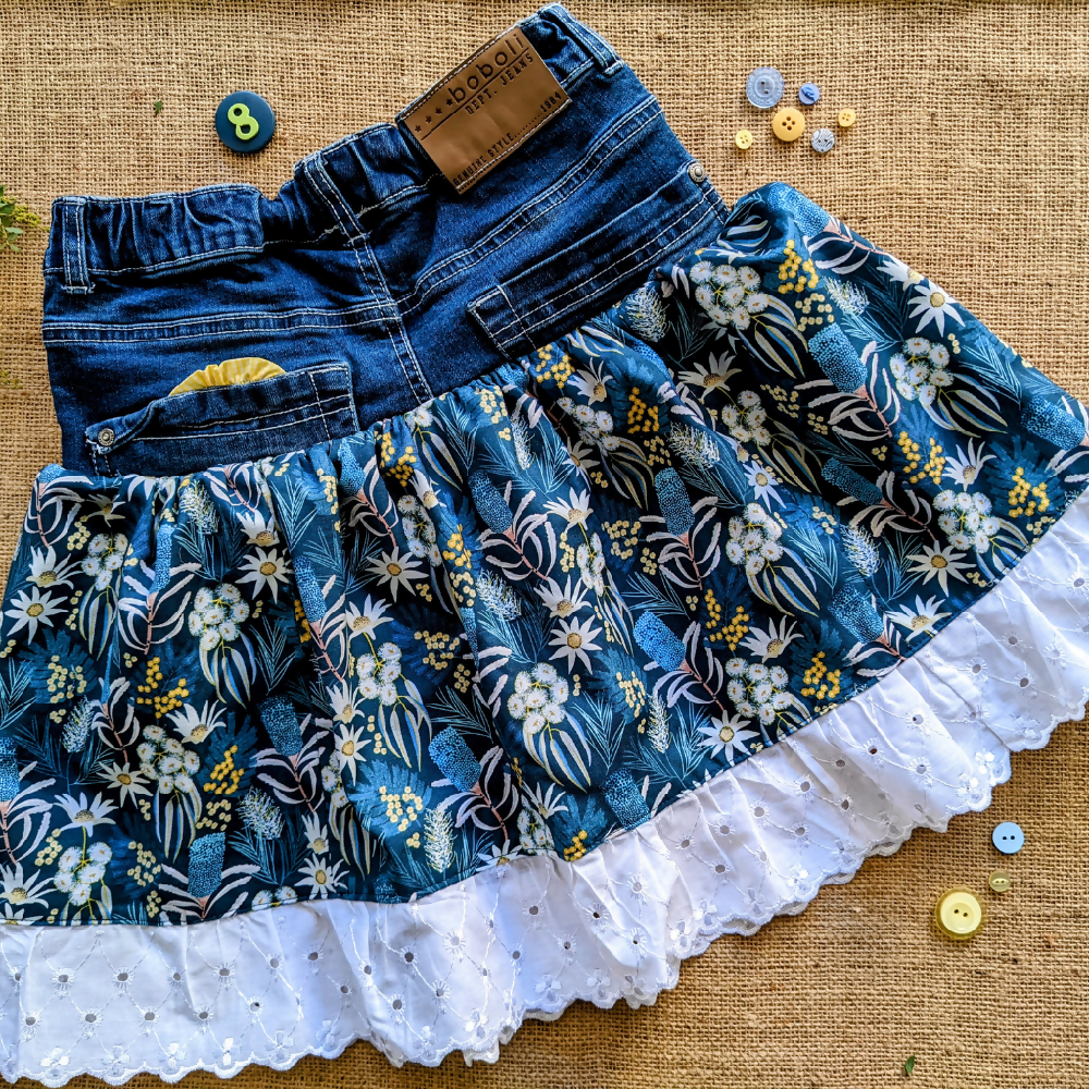 Size 8 Upcycled Denim skirt and Flannel flowers and Wattles