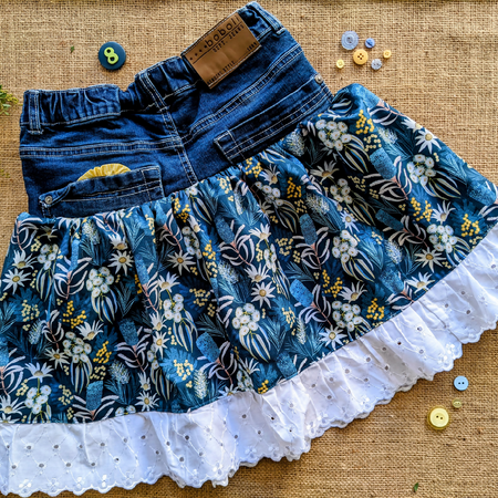 Size 8 Upcycled Denim skirt and Flannel flowers and Wattles