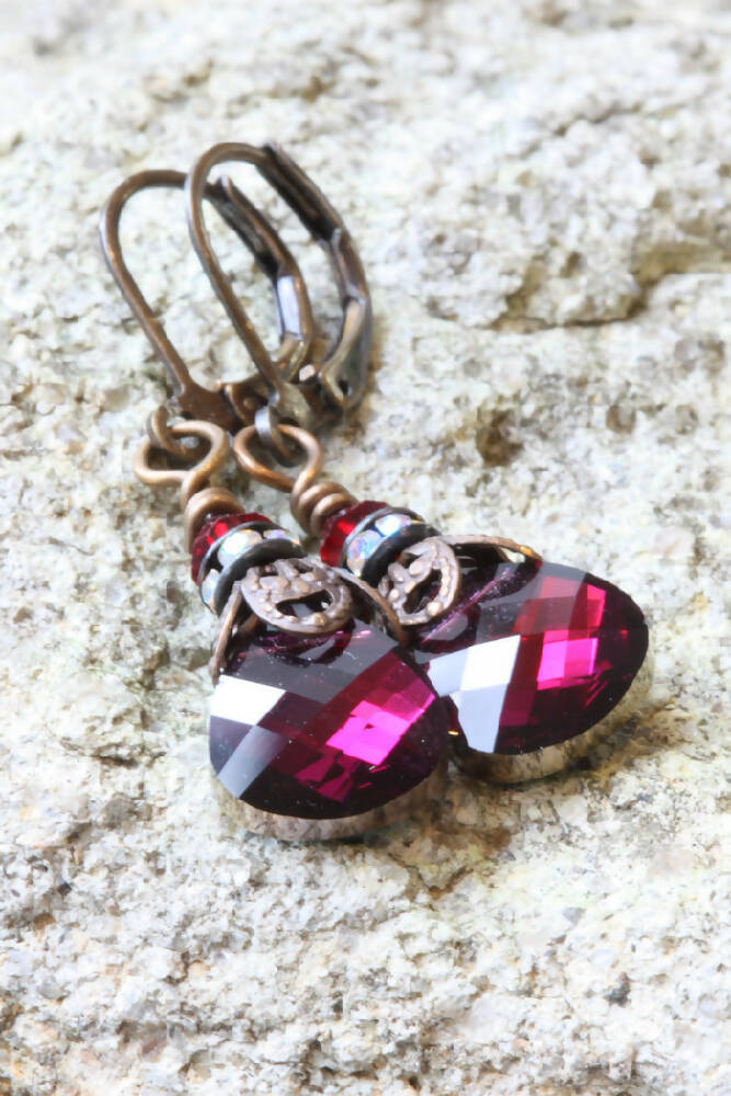 Swarovski Crystal & Brass Drop Earrings Ruby AB Briolette