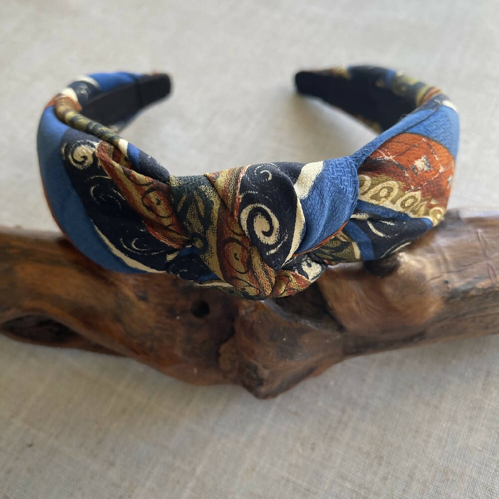 Upcycled Necktie Headband-blue and brown