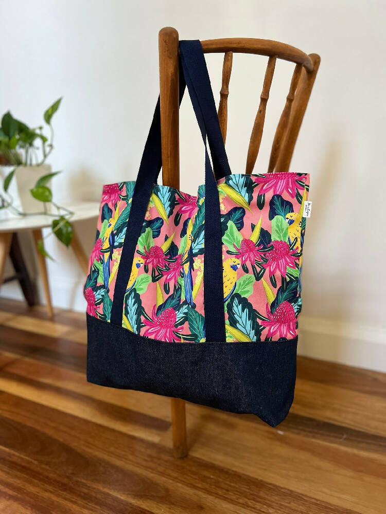 Tote Bag for Shopping/Market/Beach – Waratah & Rosella + Denim