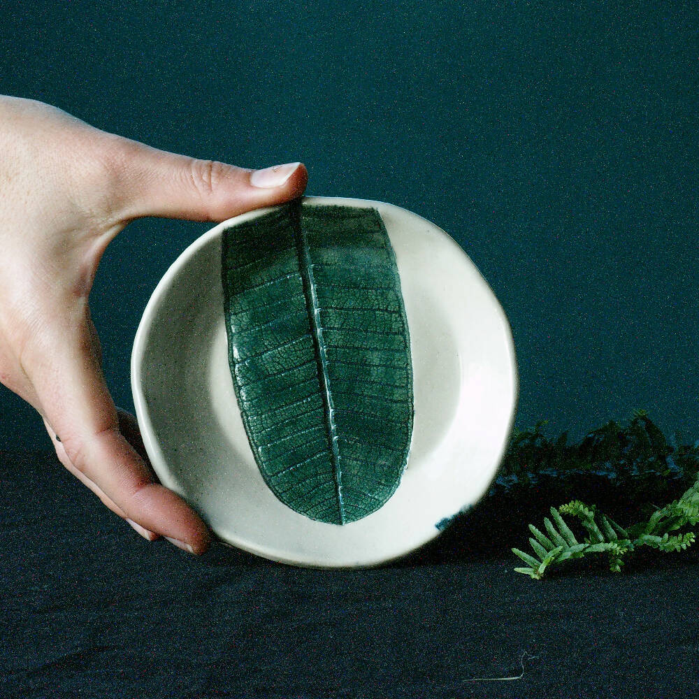 Ceramic plate in frangipani leaf; trinket / snack dish