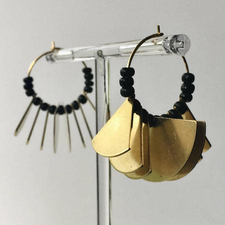 Black and gold teardrop, half moon hoops statement earrings
