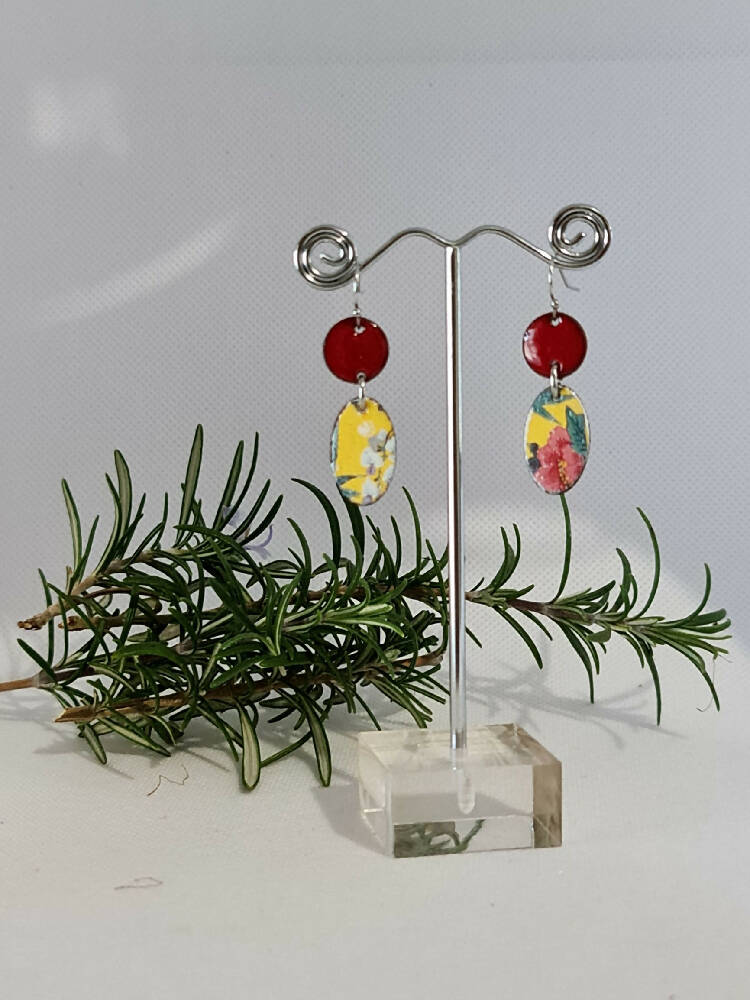 Enamel Earrings - Floral Red and Yellow