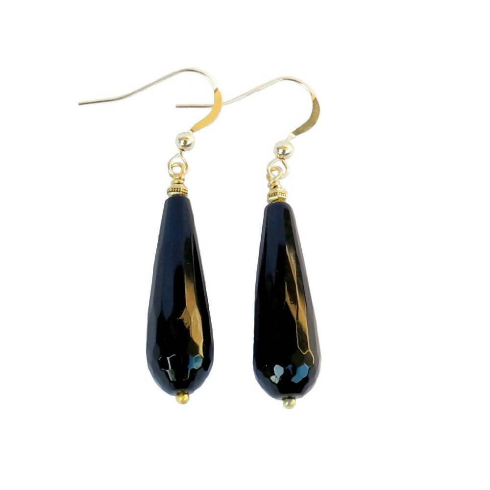 Black Onyx Teardrop and Gold Drop Earrings