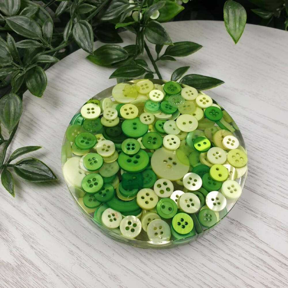 Coaster - GREEN - Button & Resin Mix - Drink Mug Glass - Paperweight - SINGLE