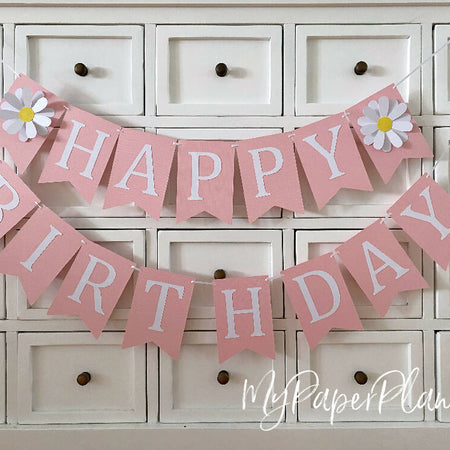 Daisy Happy Birthday party banner. Floral bunting. Pink or yellow.