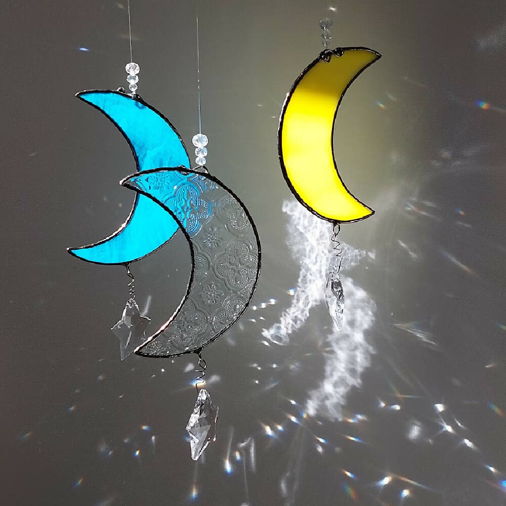 Crescent moon suncatcher, stained glass moon with crystals