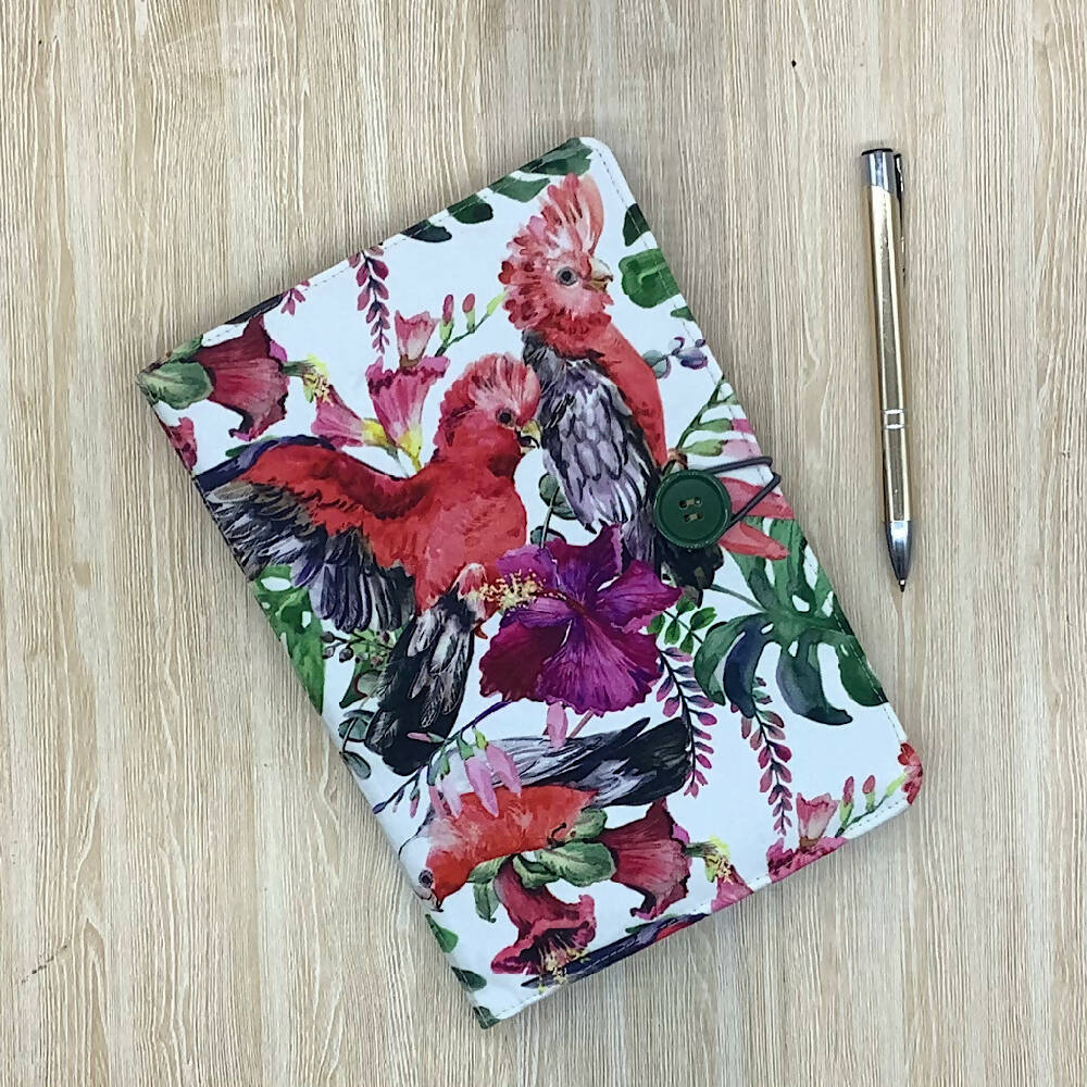 Australian bird galah refillable A5 fabric notebook cover gift set - incl. book and pen.