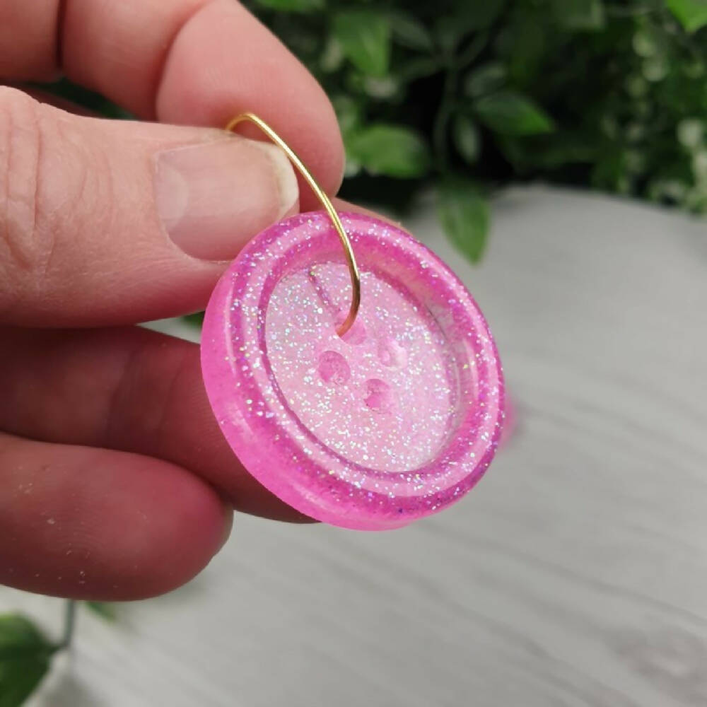 Dangle Earrings - Billie Button Pink Sparkle - Resin - Hoop