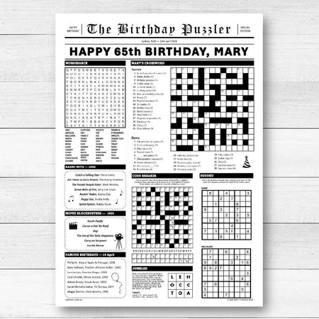 DIGITAL - Year You Were Born - Personalised crossword newspaper - Printable A3 PDF