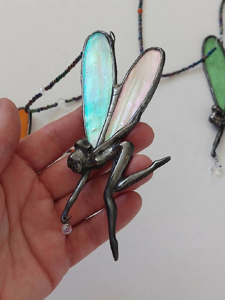 Stained glass fairy suncatcher, little pewter fairy window hanger