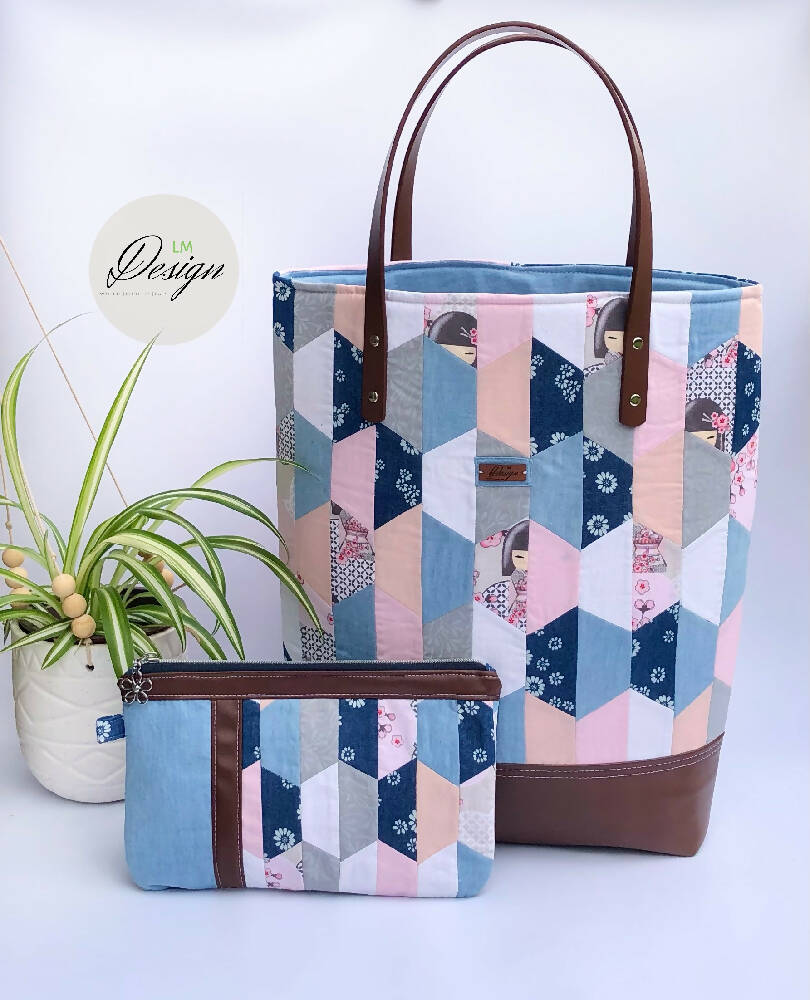 Patchwork Tote Bag with Vegan Leather Base and Handles