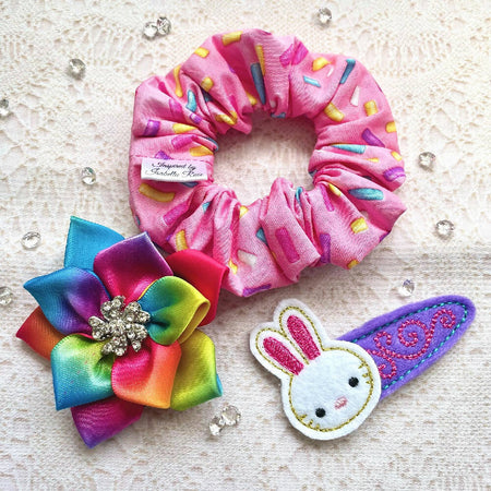 Easter hair clips, scrunchie, bunny snap clip, satin flower clip
