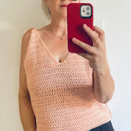 Peach Crocheted Cotton V-Neck Knit with shoulder ties