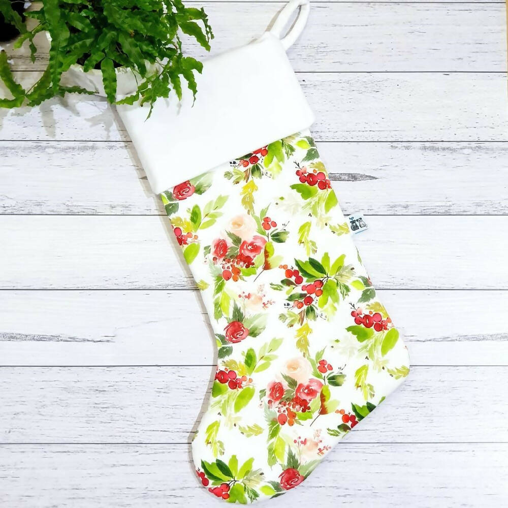 Christmas Stocking - Christmas Foliage, Roses & Elegant Berries with Velvet Cuff (3 options)