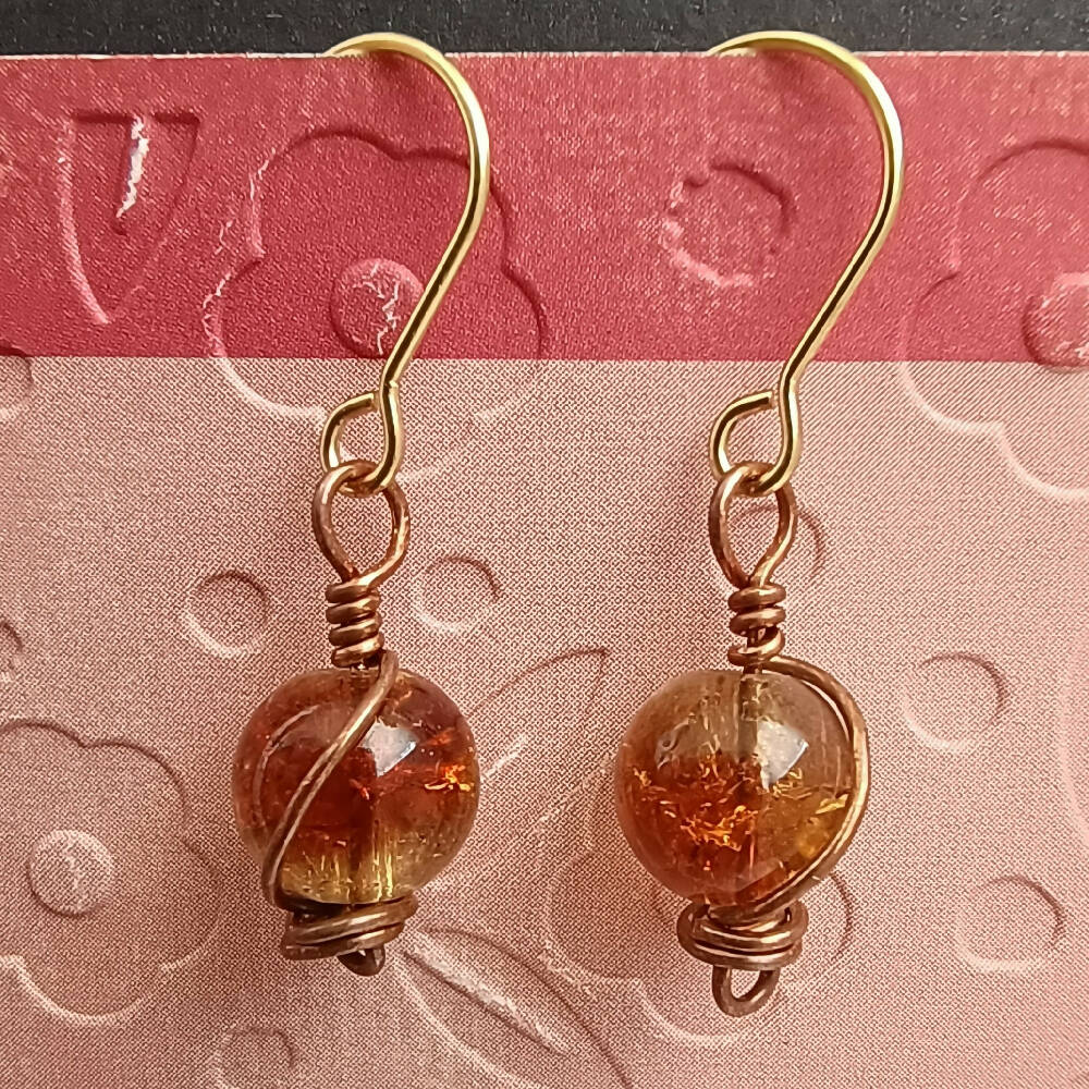 'Amber Crackle' Copper Wire-Wrap Earrings