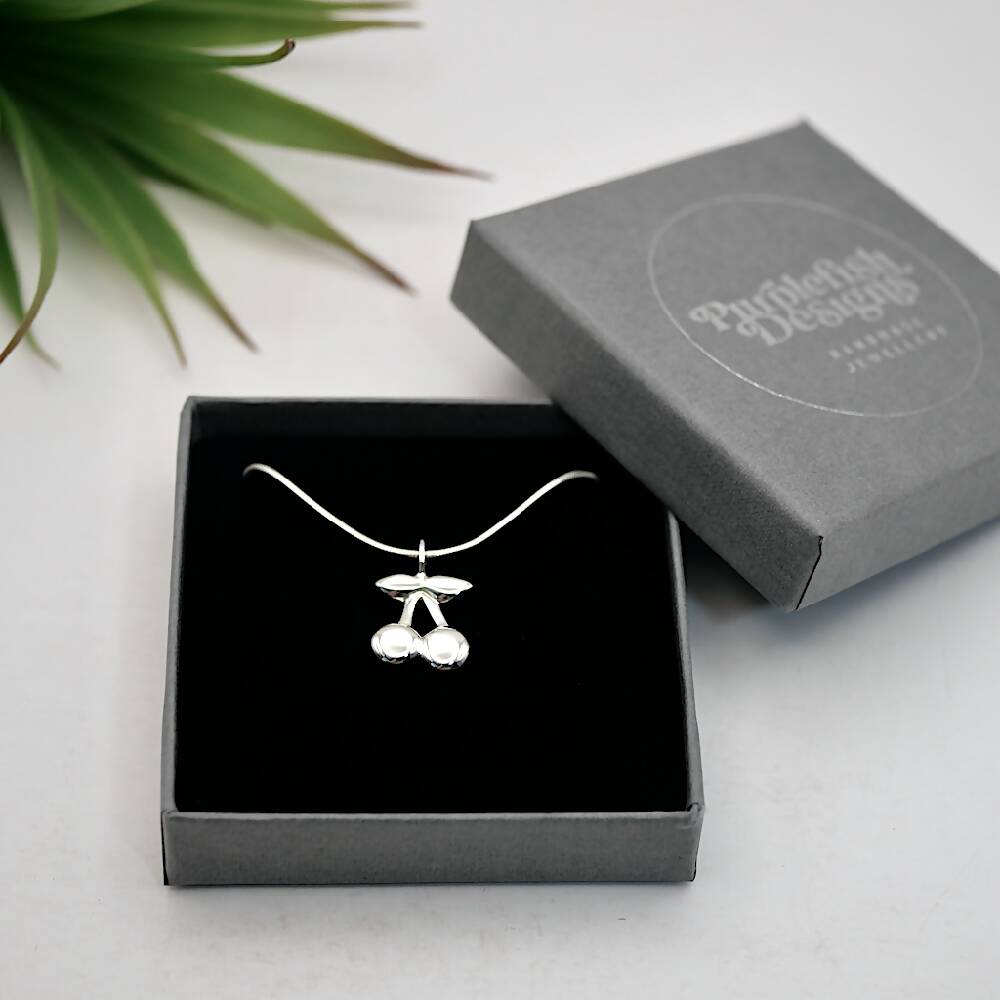 cherry pendant silver cherries gift box sml