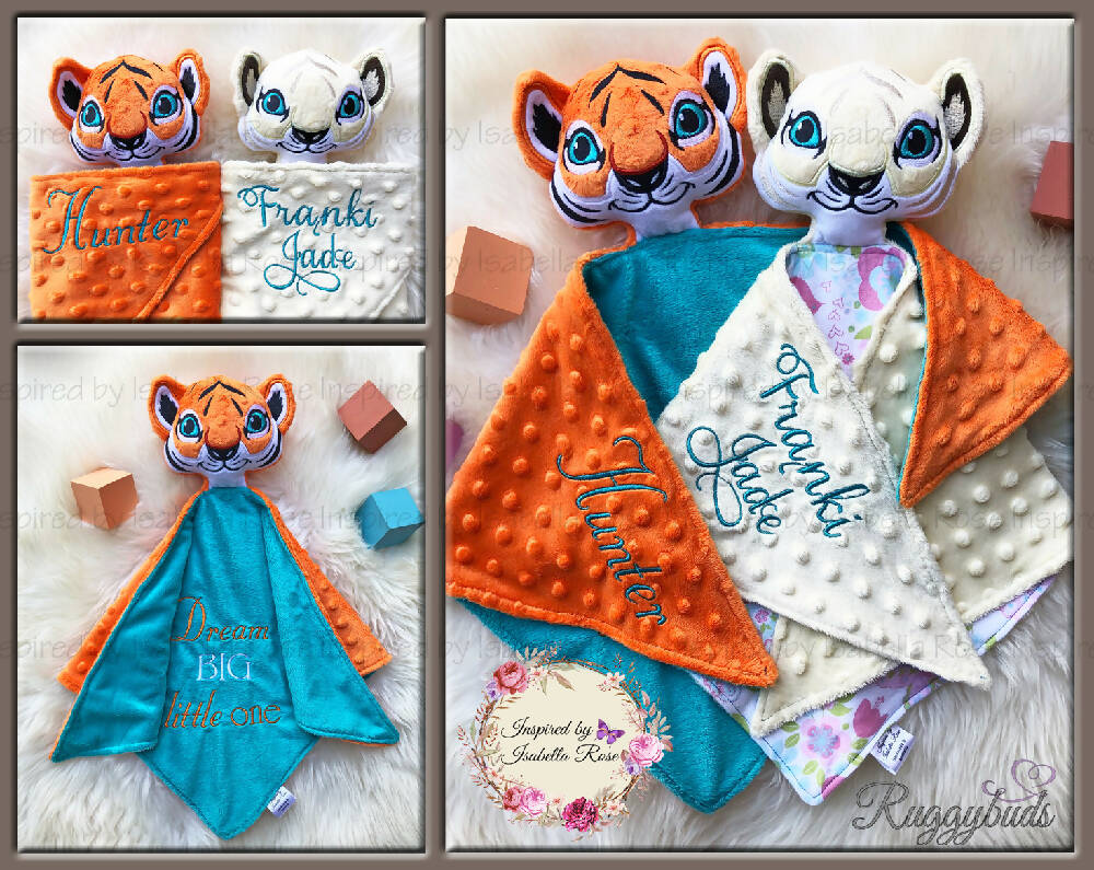 Baby comforter, Embroidered name, Tiger themed Ruggybud, Made to order