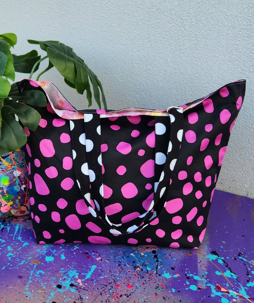 Kasey Rainbow Black and Pink Pebbles Large Tote Bag