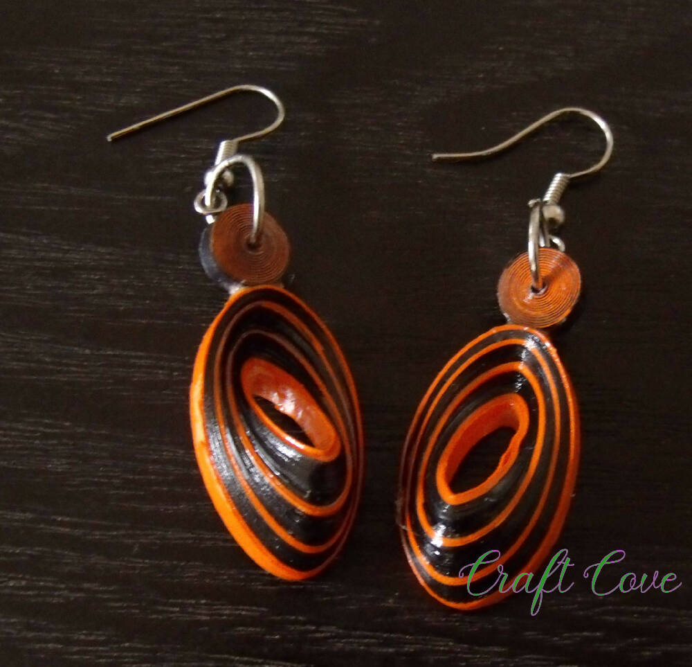 Earrings Quilled Orange and Black Tiger Skewed