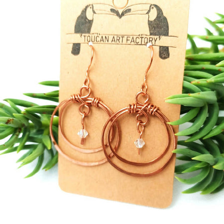 Copper Circle Dangle Earrings with Czech Crystal