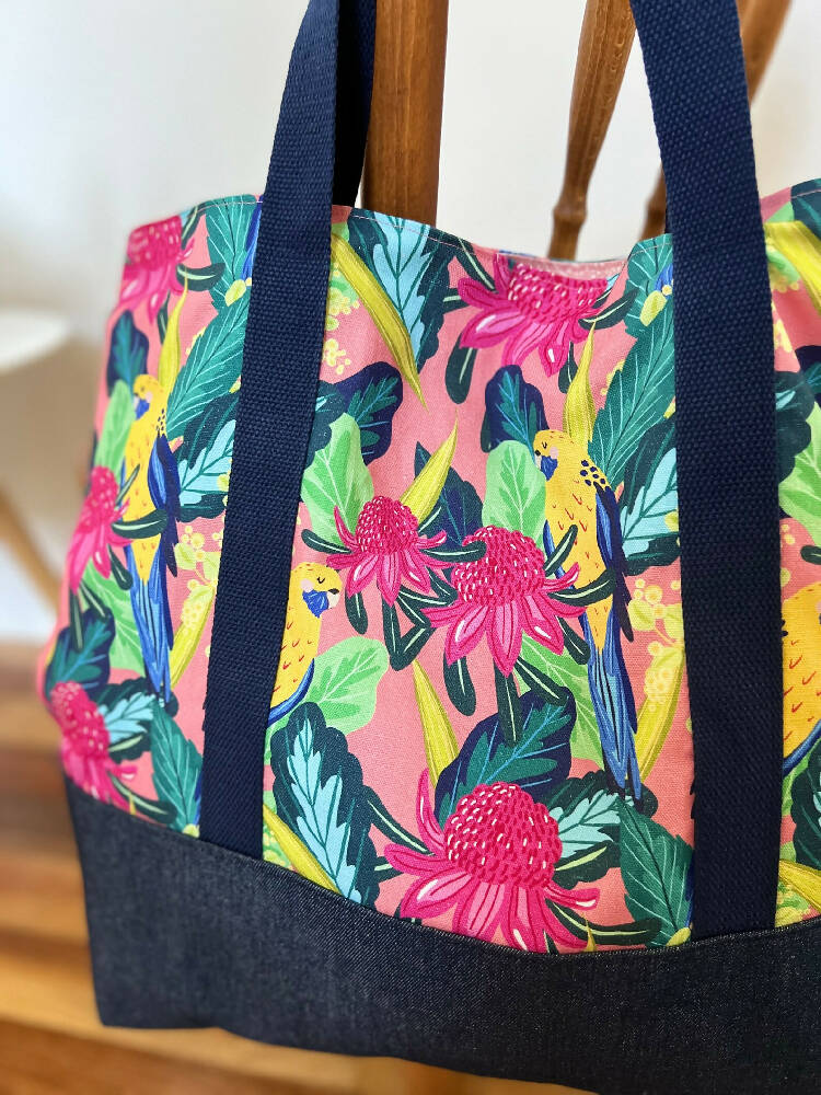 Tote Bag for Shopping/Market/Beach – Waratah & Rosella + Denim