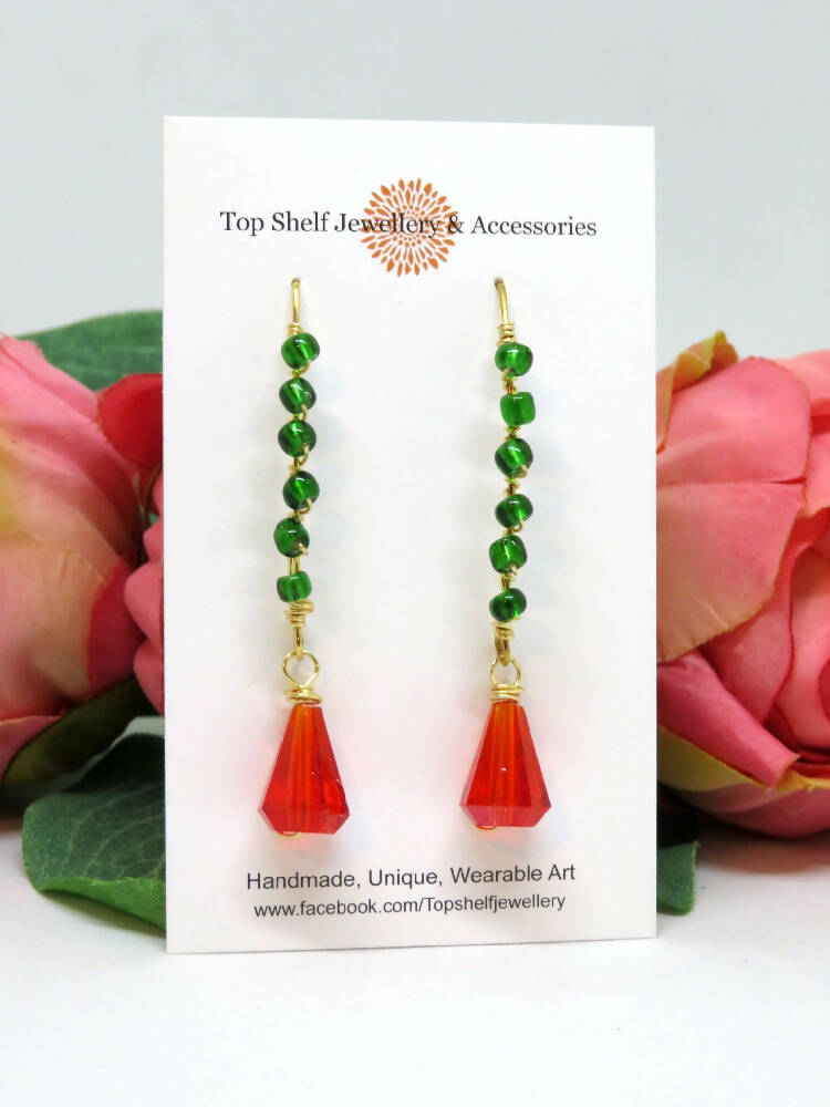 Fire Polished Green Red Christmas Wire Wrapped Earrings