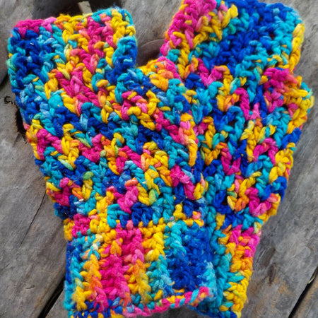 crocheted fingerless mitts bright silk