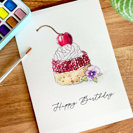 Happy Birthday Greeting Card Handpainted - Raspberry Tart